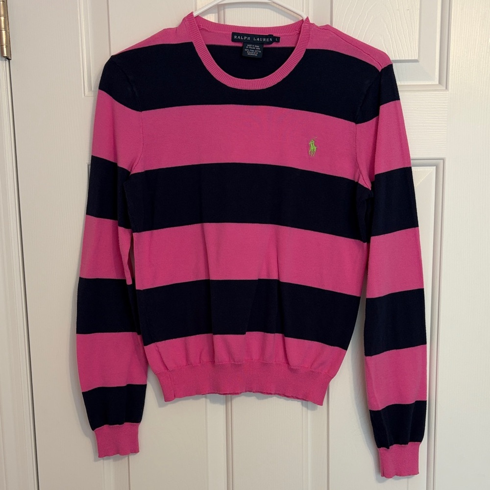 Ralph Lauren Pink Navy Striped Pima Cotton Crew Neck Sweater Size Large